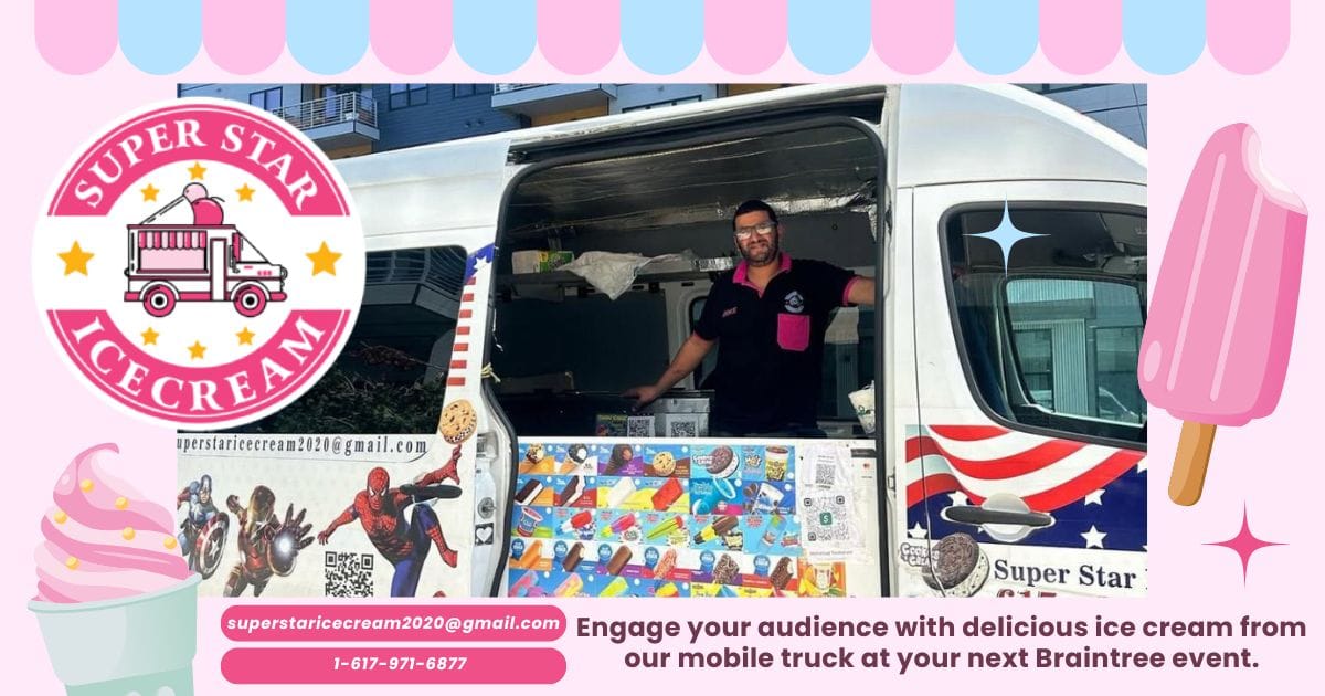 Branded mobile ice cream truck engaging guests at Braintree event People enjoying ice cream from a branded mobile truck at Braintree marketing event