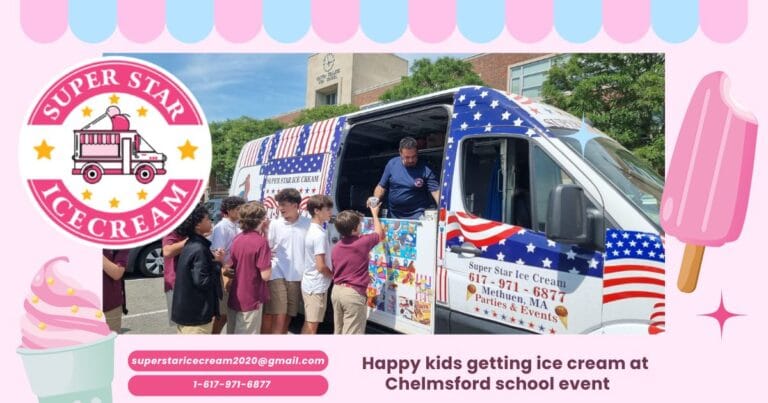 Kids enjoying Blue Bunny ice cream bars from Super Star Ice Cream truck in Chelmsford