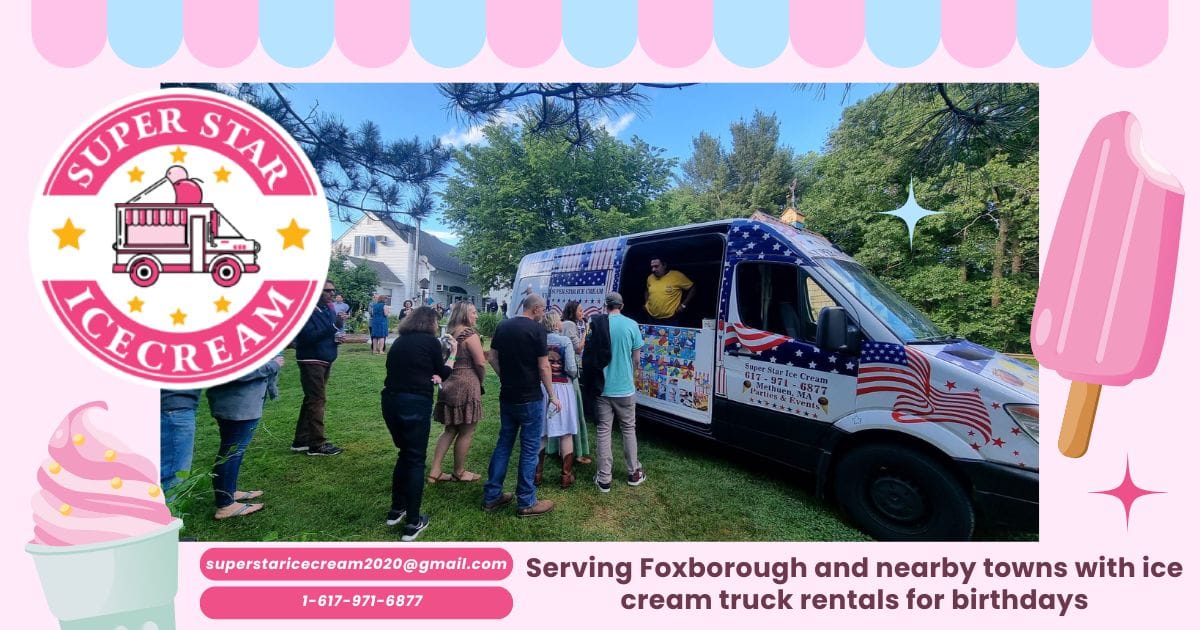Ice cream truck parked in Foxborough neighborhood for birthday party rental