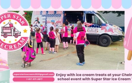 Ice cream truck at Chelmsford school event with happy kids and Blue Bunny ice cream treats