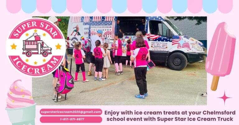 Ice cream truck at Chelmsford school event with happy kids and Blue Bunny ice cream treats