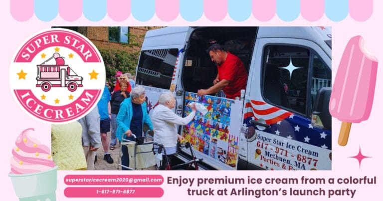 Launch party ice cream truck in Arlington with happy guests.