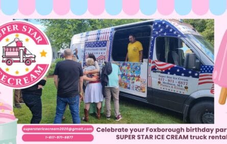Birthday ice cream truck rental in Foxborough with kids enjoying treats