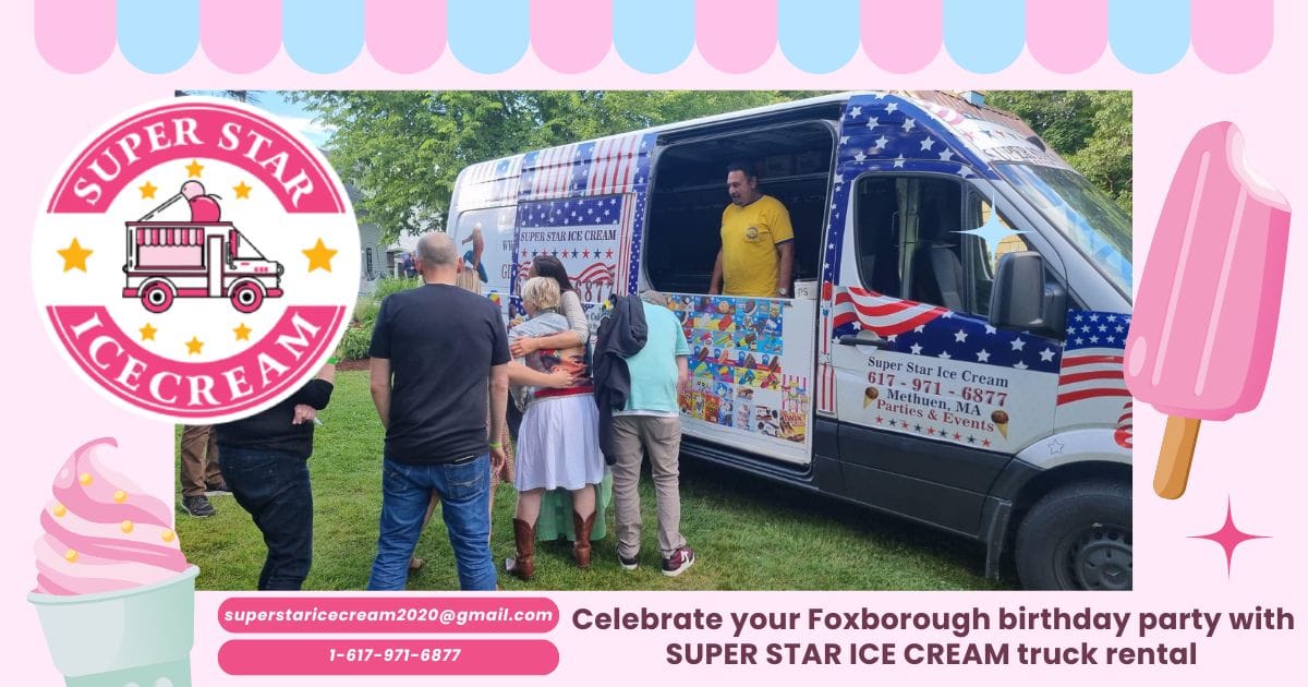 Birthday ice cream truck rental in Foxborough with kids enjoying treats