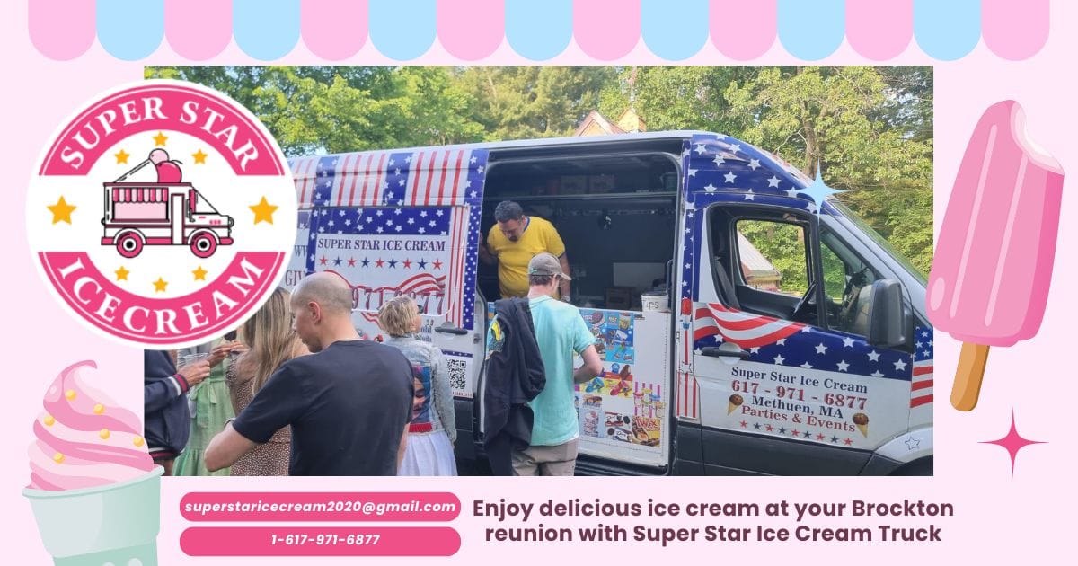 Ice cream truck serving families at a reunion in Brockton