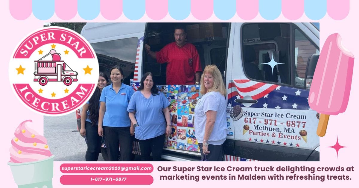 Ice cream truck serving customers at a marketing event in Malden and Ice Cream Truck Malden