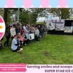 Colorful ice cream truck in Plymouth by SUPER STAR ICE CREAM serving happy families.