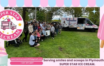 Colorful ice cream truck in Plymouth by SUPER STAR ICE CREAM serving happy families.