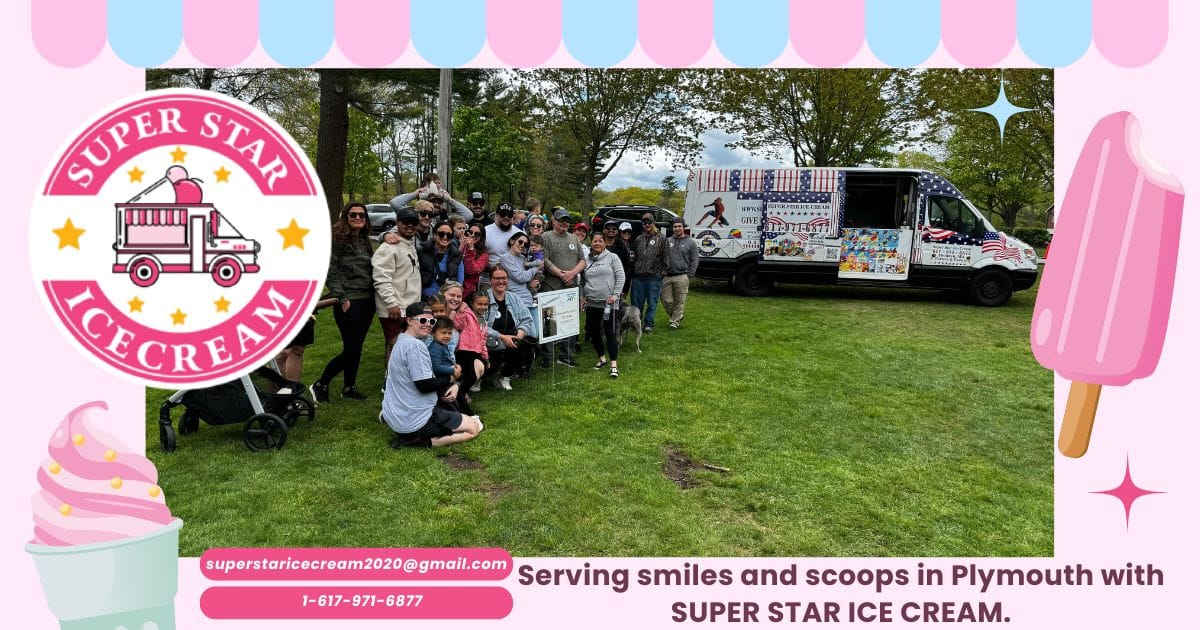 Colorful ice cream truck in Plymouth by SUPER STAR ICE CREAM serving happy families.