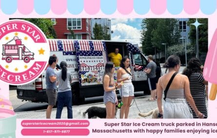 Super Star Ice Cream truck parked in Hanson, Massachusetts with happy families enjoying ice cream