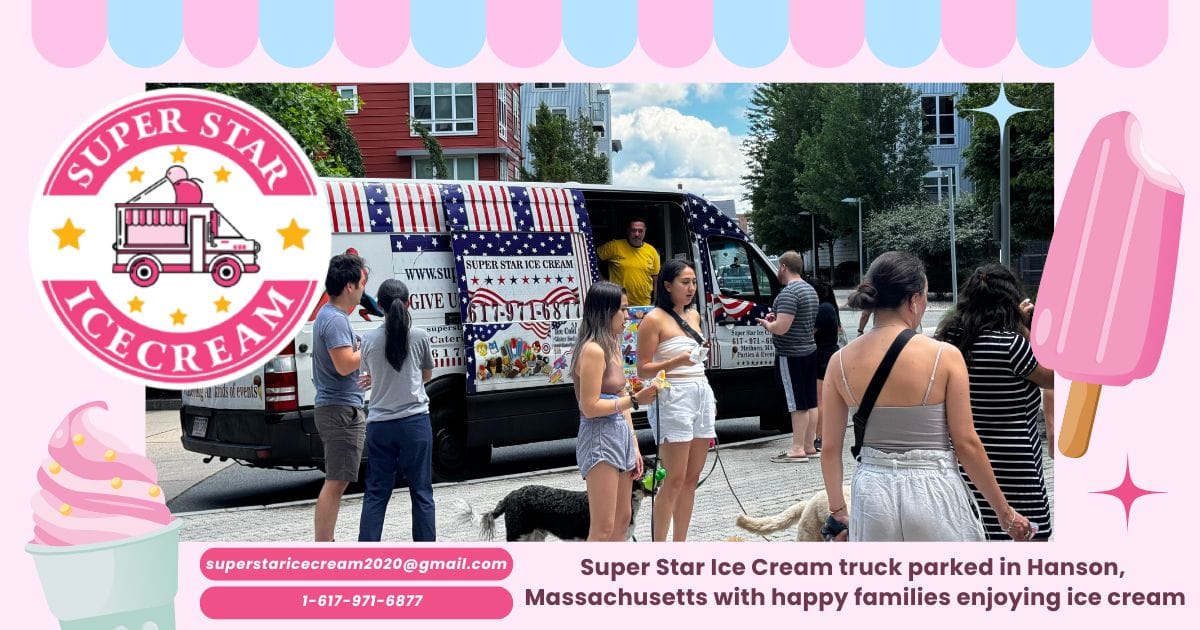 Super Star Ice Cream truck parked in Hanson, Massachusetts with happy families enjoying ice cream