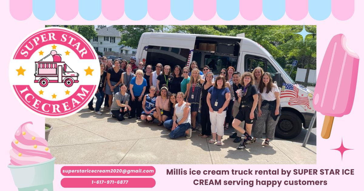 Millis ice cream truck rental by SUPER STAR ICE CREAM serving happy customers and Ice Cream Truck Millis
