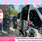 Ice cream truck rental Avon MA with SUPER STAR ICE CREAM serving happy kids and Ice Cream Truck Avon