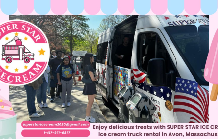 Ice cream truck rental Avon MA with SUPER STAR ICE CREAM serving happy kids and Ice Cream Truck Avon