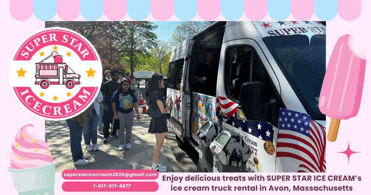 Ice cream truck rental Avon MA with SUPER STAR ICE CREAM serving happy kids and Ice Cream Truck Avon