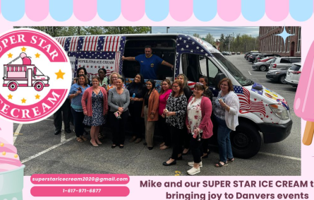 SUPER STAR ICE CREAM truck with Mike serving adults at Danvers event and Ice Cream Truck Danvers