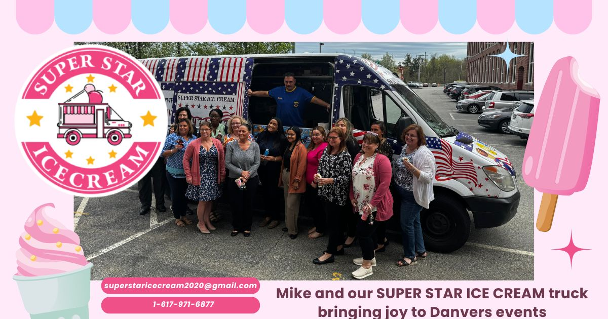 SUPER STAR ICE CREAM truck with Mike serving adults at Danvers event and Ice Cream Truck Danvers
