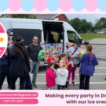 Ice Cream Truck Rental in Dracut MA with kids enjoying treats and Ice Cream Truck Dracut