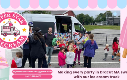 Ice Cream Truck Rental in Dracut MA with kids enjoying treats and Ice Cream Truck Dracut