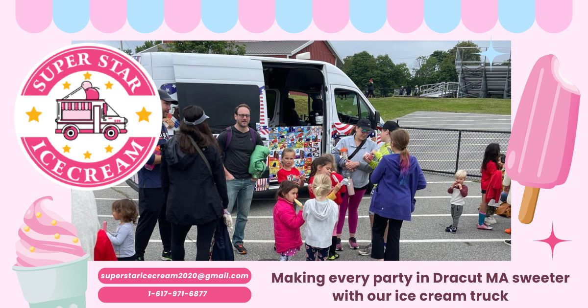 Ice Cream Truck Rental in Dracut MA with kids enjoying treats and Ice Cream Truck Dracut