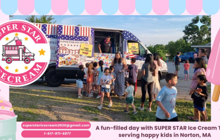 Colorful SUPER STAR Ice Cream Truck at a kids' party in Norton MA