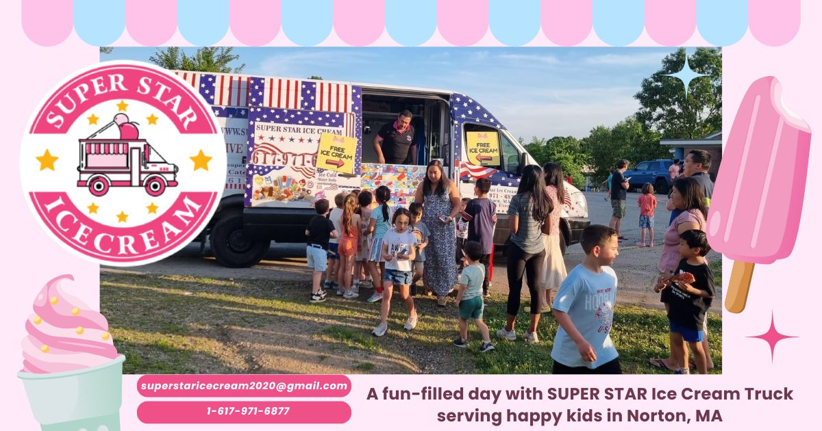 Colorful SUPER STAR Ice Cream Truck at a kids' party in Norton MA