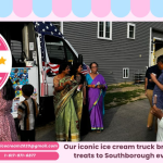 Ice cream truck rental in Southborough by SUPER STAR ICE CREAM serving happy customers.