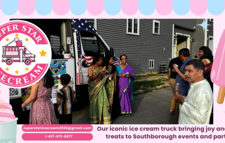 Ice cream truck rental in Southborough by SUPER STAR ICE CREAM serving happy customers.