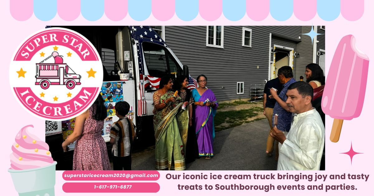 Ice cream truck rental in Southborough by SUPER STAR ICE CREAM serving happy customers.