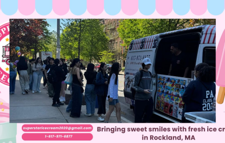 Ice cream truck from SUPER STAR ICE CREAM serving happy families in Rockland MA