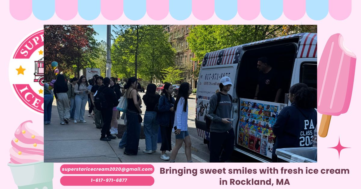Ice cream truck from SUPER STAR ICE CREAM serving happy families in Rockland MA