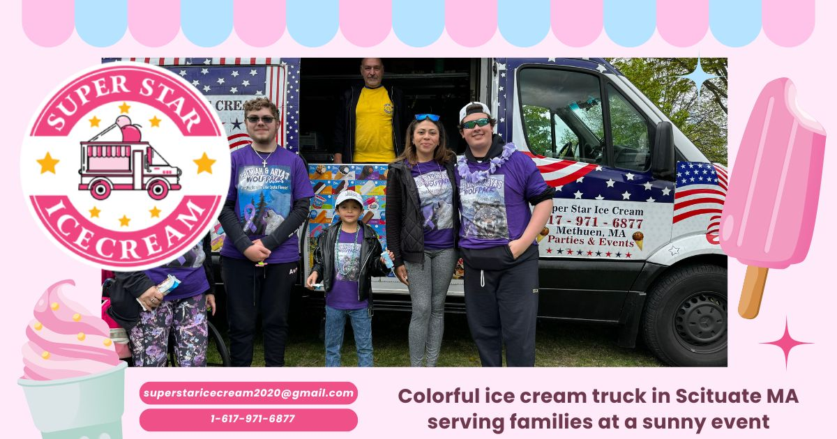 Colorful ice cream truck in Scituate MA serving families at a sunny event