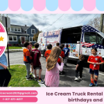 Ice Cream Truck Rental Dennis MA with happy families enjoying treats and Ice Cream Truck Dennis