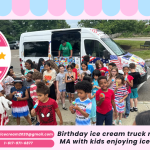Birthday ice cream truck rental in Fitchburg MA with kids enjoying ice cream at a party