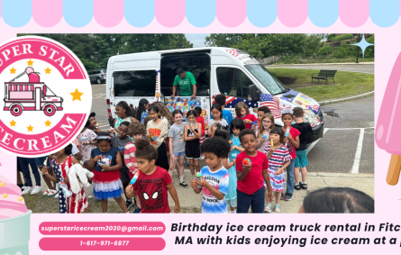 Birthday ice cream truck rental in Fitchburg MA with kids enjoying ice cream at a party
