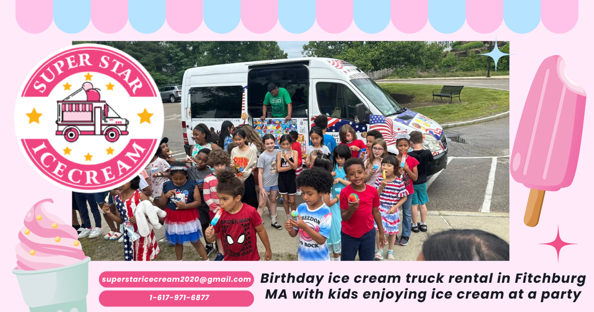 Birthday ice cream truck rental in Fitchburg MA with kids enjoying ice cream at a party