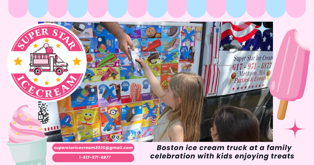 Boston ice cream truck at a family celebration with kids enjoying treats