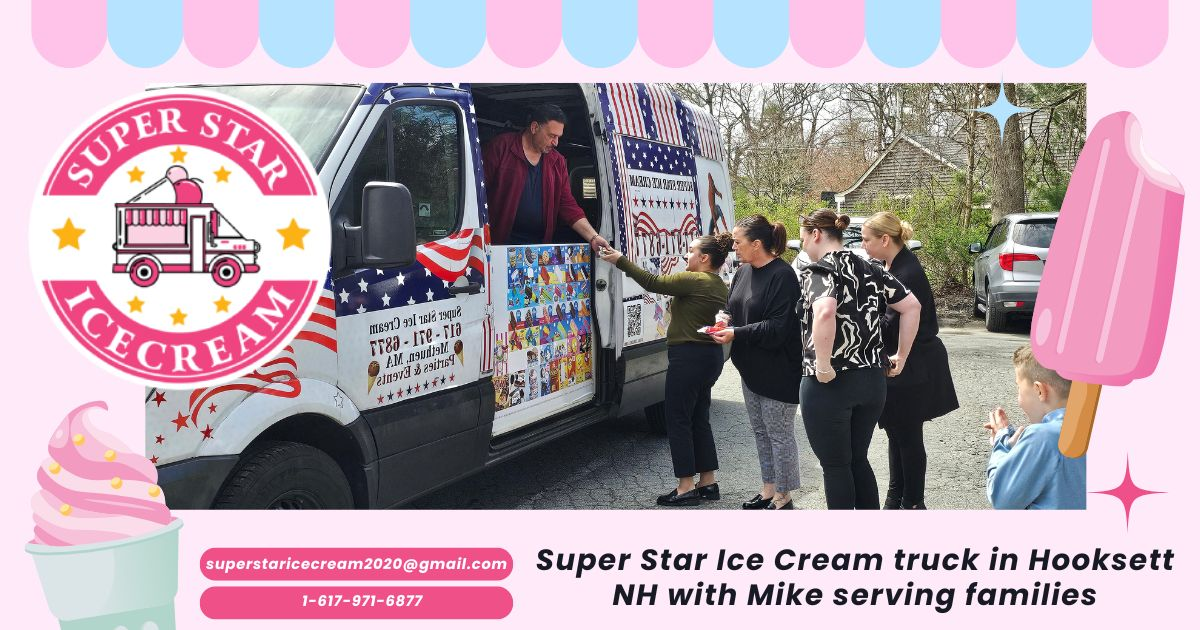 Super Star Ice Cream truck in Hooksett NH with Mike serving families