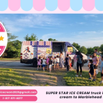 Ice Cream Truck Rental Marblehead MA serving kids at a local beach party and Ice Cream Truck Marblehead