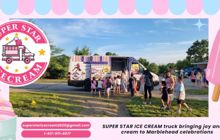 Ice Cream Truck Rental Marblehead MA serving kids at a local beach party and Ice Cream Truck Marblehead