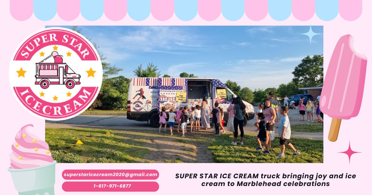Ice Cream Truck Rental Marblehead MA serving kids at a local beach party and Ice Cream Truck Marblehead