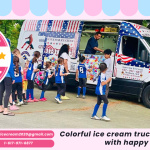 Colorful ice cream truck in Natick park with happy kids