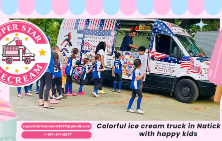 Colorful ice cream truck in Natick park with happy kids