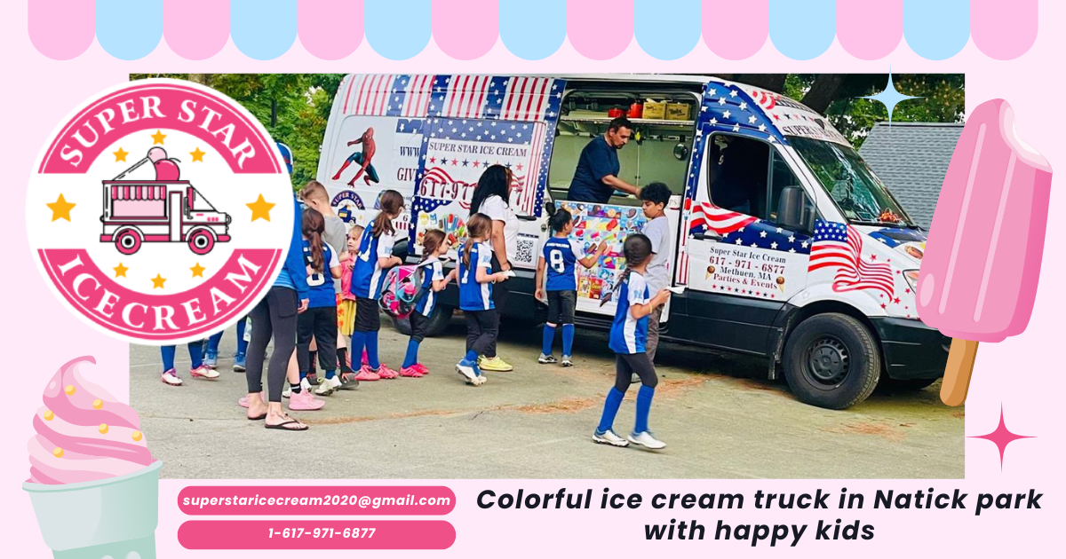 Colorful ice cream truck in Natick park with happy kids
