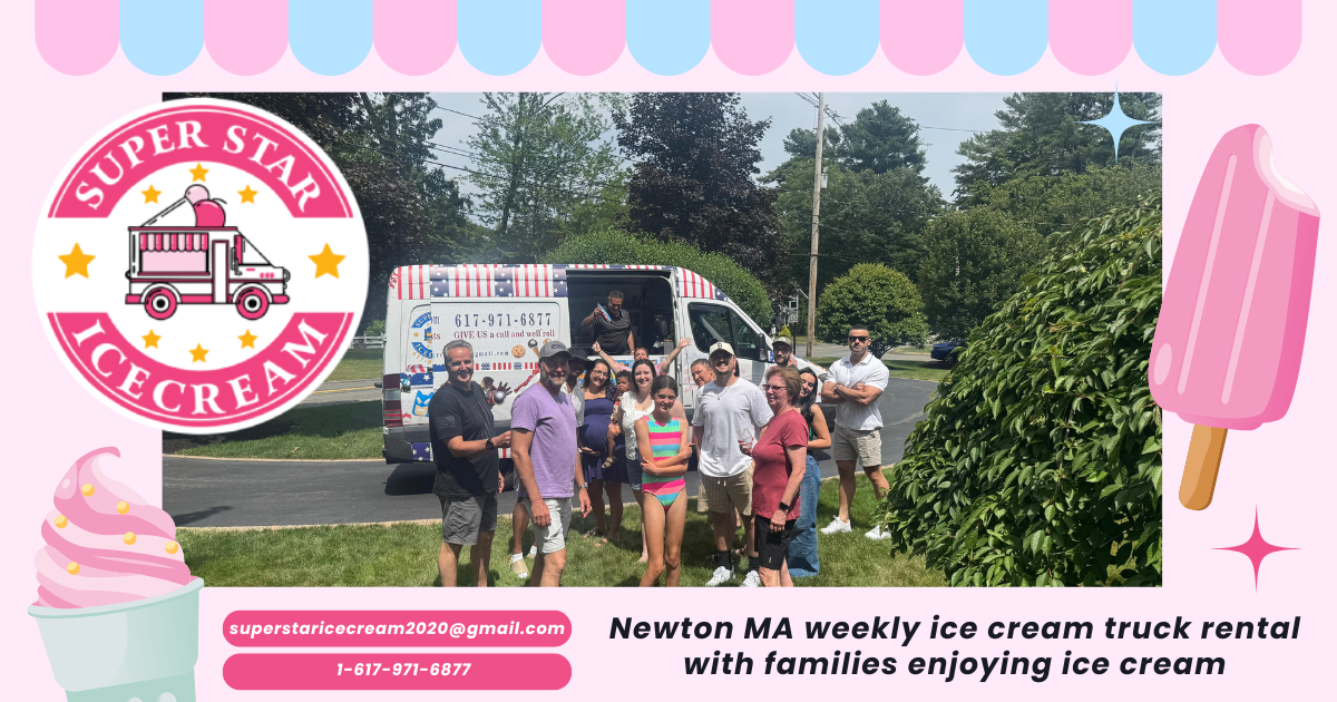 Newton MA weekly ice cream truck rental with families enjoying ice cream