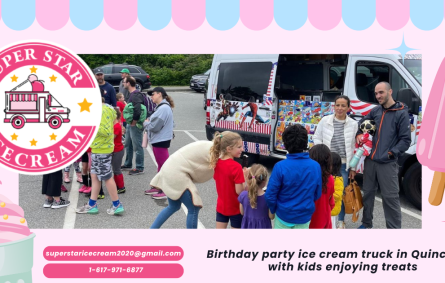 Birthday party ice cream truck in Quincy, MA with kids enjoying treats