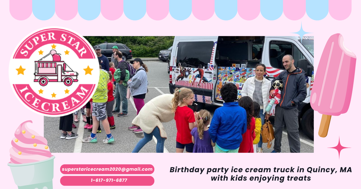 Birthday party ice cream truck in Quincy, MA with kids enjoying treats