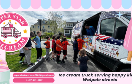 Ice cream truck serving happy kids in Walpole streets