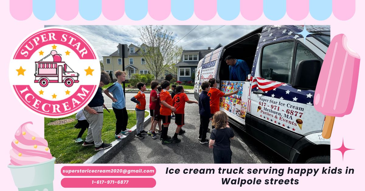 Ice cream truck serving happy kids in Walpole streets