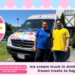 Ice cream truck in Amherst MA serving frozen treats to happy families